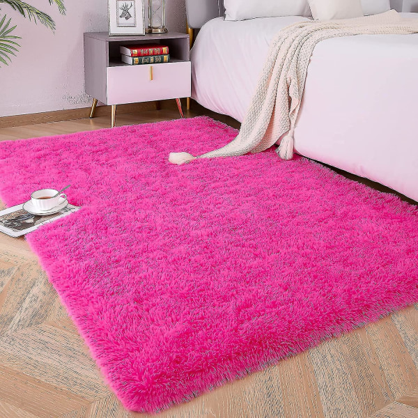 Tflycq Mjuka fluffiga mattor kompatibla med sovrum barnrum plysch lurvig barnkammar matta lurviga kastmattor kompatibla med pojkar flickor, studentboende Hot Pink 2.6 *5.2 Feet