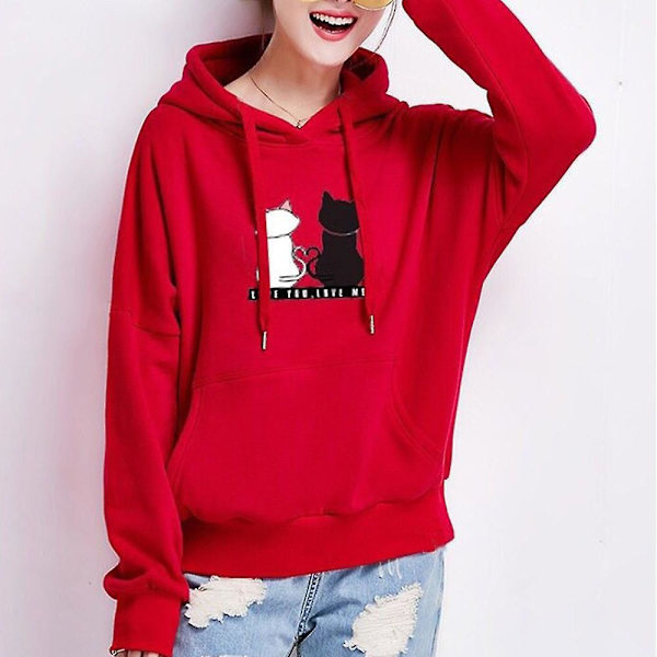 Dam Långärmad Tröja med Kattryck Ledig Lös Dragsko Huvtröjor Pullover Toppar Red M