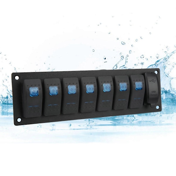 7 Gang Rocker Switch Panel IP66 Vandtæt Marine Toggle Switch Panel Med Dobbelt USB Oplader Blå Baggrundsbelysning