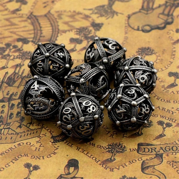 Metalltärningar, 7 st Tunga Solida Metalliska Drak-tärningsset för Dungeons and Dragon Bordsspel A