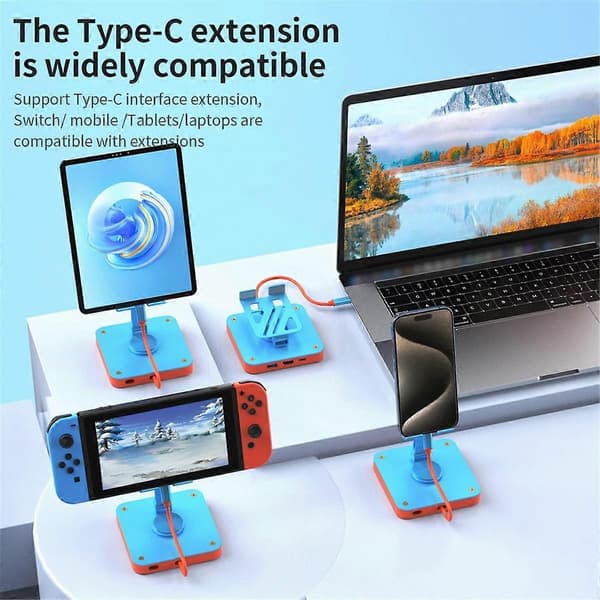 3-i-1 Justerbar Telefon Pad Stand USB-C Hub, USB2.0 Dockingstation til Switch, PD 100W Opladningsporte til Iphone15 Pro