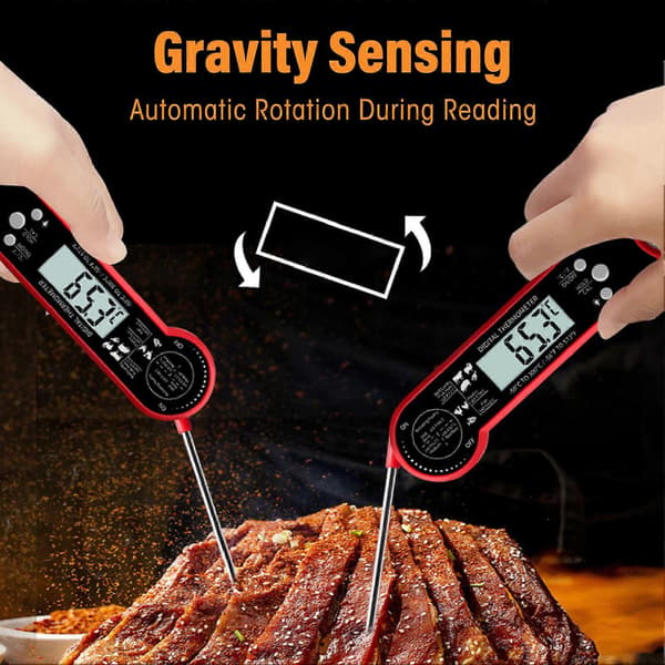 Digital Kötttermometer med Gravitationsinduktionsbakgrundsbelysning Vikbar Mattermometer för Kök Utomhusgrillning Röd