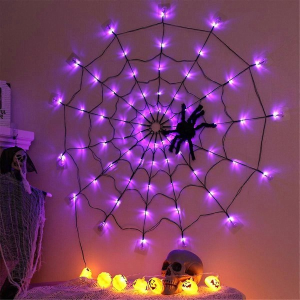 Halloween Edderkoppnett Lys USB 8 Moduser Edderkoppnett Vegglamper for Skummel Halloween Dekor Girlander, C