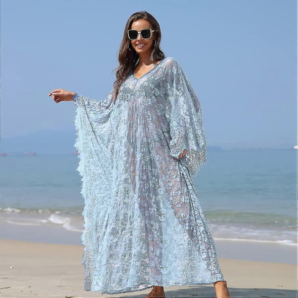 Strandkjole Boho Blonde Kimono Plus Size Bikini Morgenkåbe Badedragt Til Kvinder Ensfarvet Mint Blue
