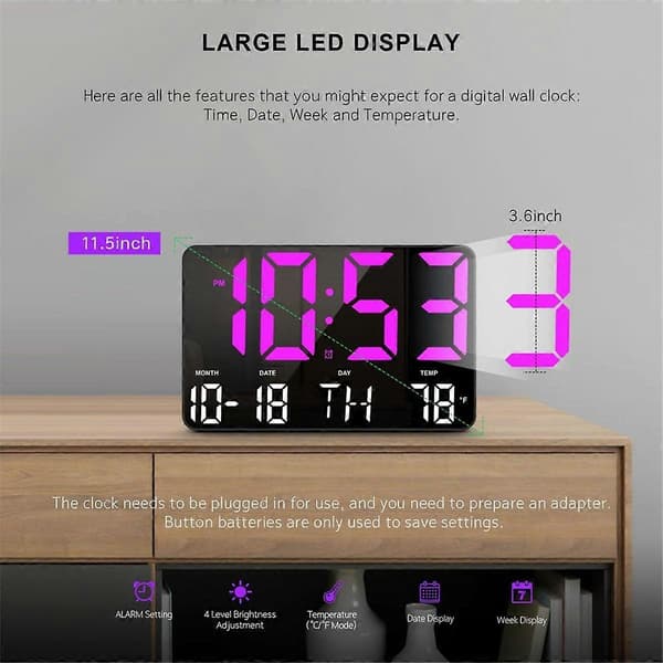 Digital Klocka, Digital Väggklocka med Fjärrkontroll, LED-Klocka Stor Display med Datum Vecka Temperatur för Vardagsrum
