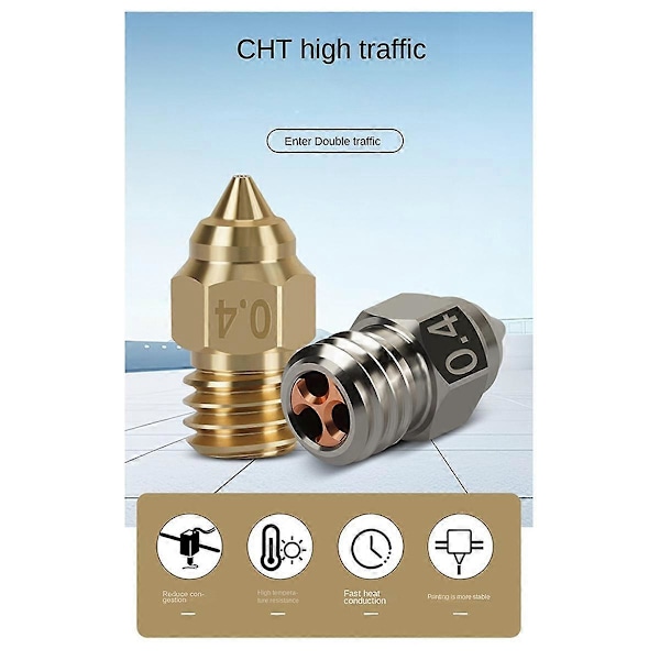 CHT Munstycke för 3/3 V2/5 Pro/5 Plus Mässing Kopparpläterad Klon Härdade Munstycken 0.4MM för CR10 Extruder Munstycke Högt Flöde