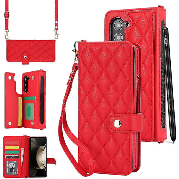 För Samsung Galaxy Z Fold 6 Plånboksfodral med S Pen-hållare, Crossbody-snodd & Handledsrem, Stöttåligt Stilrent Skyddsfodral Red
