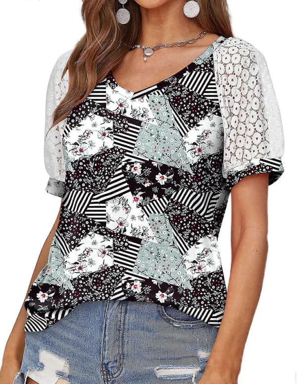 Mode Spetstoppar Sömmar Kortärmad V-ringad T-shirt Blus Blomstertryck L