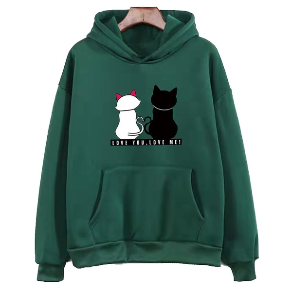 Dam Långärmad Tröja med Kattryck Ledig Lös Dragsko Huvtröjor Pullover Toppar Dark Green M
