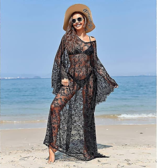 Strandklänning Boho Spets Kimono Plus Size Bikini Morgonrock Baddräkt för Kvinnor Enfärgad Black