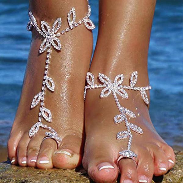 Justerbar Forlænget Kæde Dame Ankelkæde Skinnende Rhinestone Blade Fodkæde med Tåring Fodsmykker