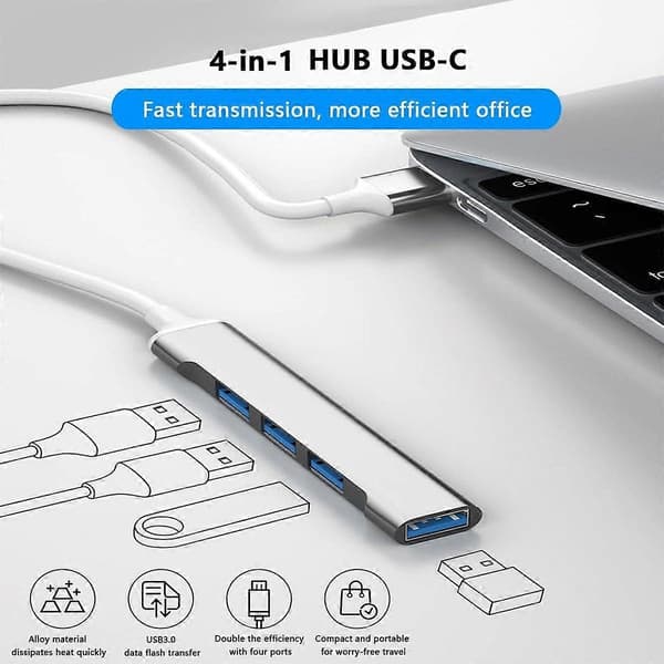 Mini Bärbar 4-i-1-adapter, USB 3.0, Hubb för bärbara datorer, datorer, ultrabooks, notebooks, surfplattor och mer (Silverfärgad)