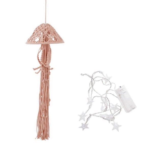 Boho Macrame Drömfångare Handgjord Vävd Ornament med Ljusslingor Manet Drömfångare för Hängande Dekor C
