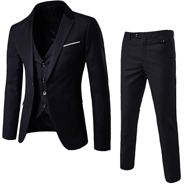 3-delad Slim Fit Kostym för Män, Enfärgad Kavaj Väst Byxor Affärskostym Black M