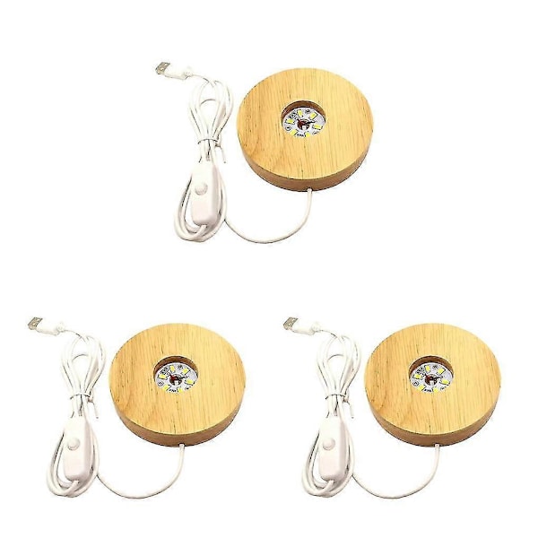 1/2/3 Rund LED-ljusbas i trä, Displayställ Lampa för Kristallkulor Warm Light 100mm 3PCS