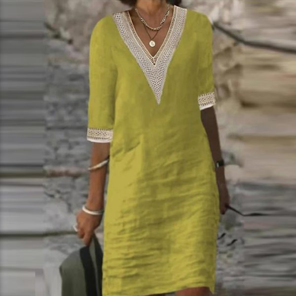 Dam Vintage Mini Klänning Sommar Mode Enfärgad V-ringad Lös Knytklänning EA06132-Yellow M