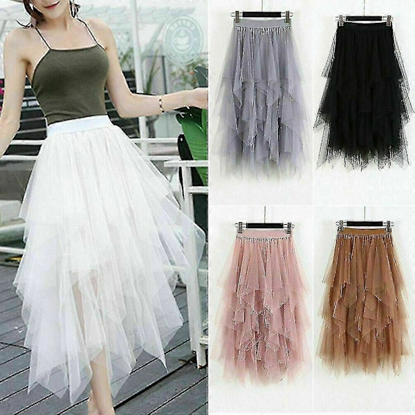 Dame Tyllskjørt Elastisk Midje Mesh Lang Skjørt Kjole#jxsm8063 Beige