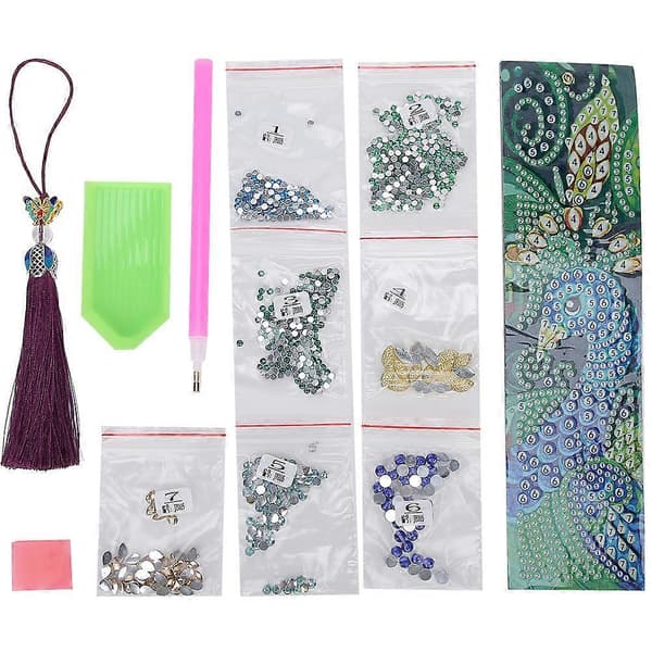 Påfågelformad strassmålning tofsbokmärke för DIY-presentbokdekoration