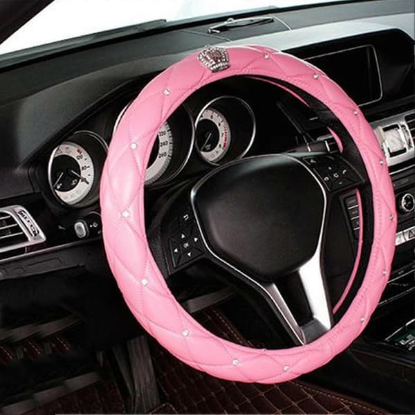 Rattmuff för Kvinnor Söt Universal Antislip Pu Läder Strass Bil Rattmuff Rosa