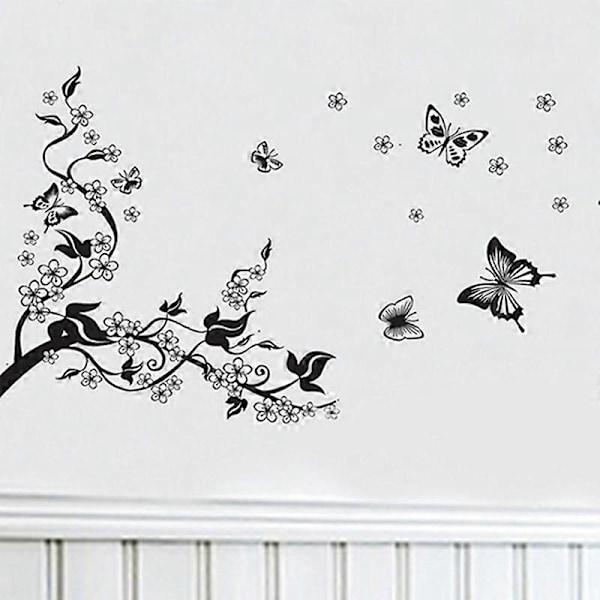 Svart Blommig Fjäril Blomma DIY Vinranka Väggdekor Konst Mural Rum Dekal Qinhai