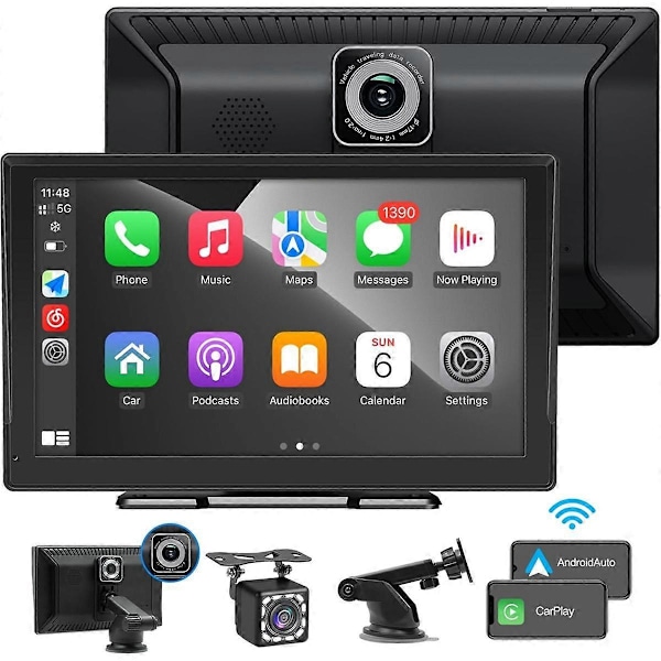 Trådløs Carplay Bilstereo, 9-tommers Touchskærm Carplay og Android Auto, Dash Cam, Bakkamera, Mirror Link//FM/BT