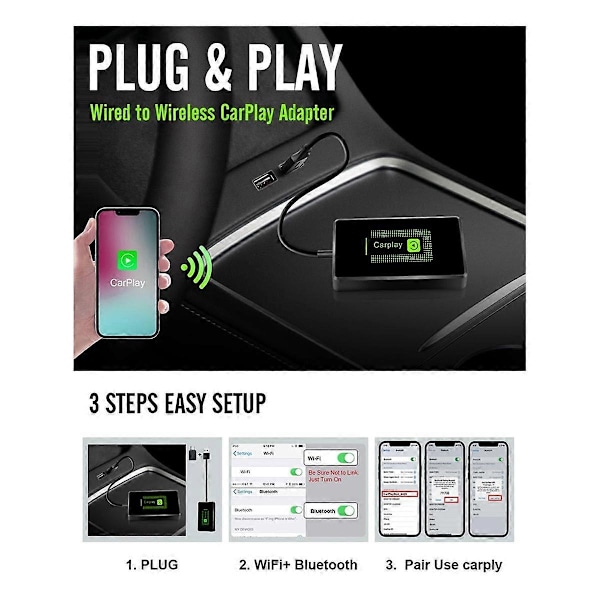 Trådløs CarPlay-adapter til enhed, adapter til konvertering af fabriksmonteret kablet til trådløs CarPlay-adapter Plug & Play