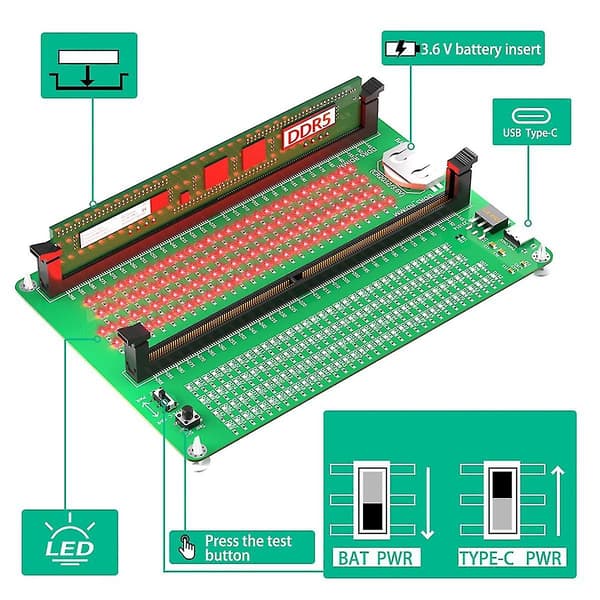 DDR5 RDIMM/UDIMM Minnetester DDR5 Minnetestkort med LED-indikatorer for stasjonær datamaskin