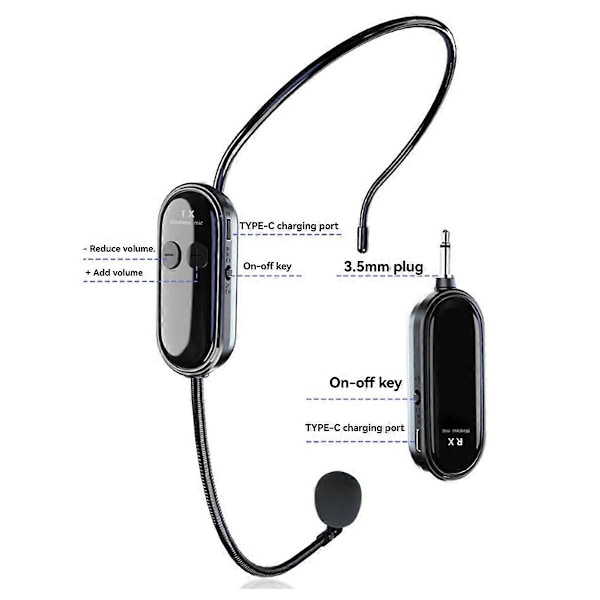 2.4G Trådløst Mikrofon Headset Lang Rækkevidde, Håndholdt & -Båret Mikrofon, Dual Mode til Undervisning, Fitnessinstruktører