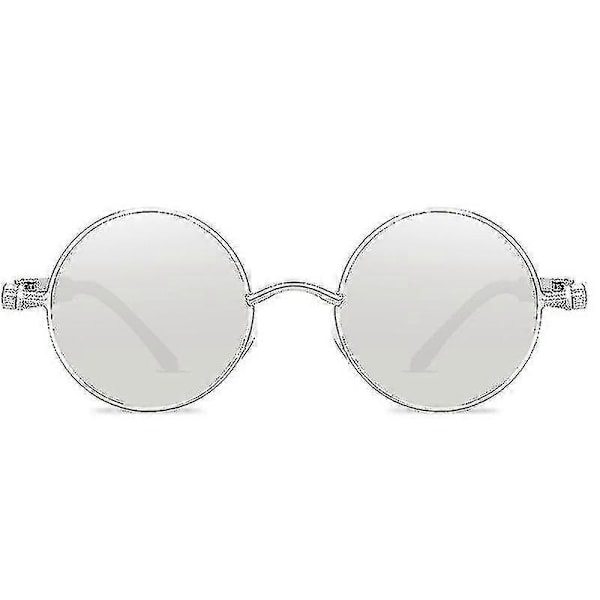 Vintage Polariserade Steampunk Solglasögon Herr Rund Silver Frame and Lenses