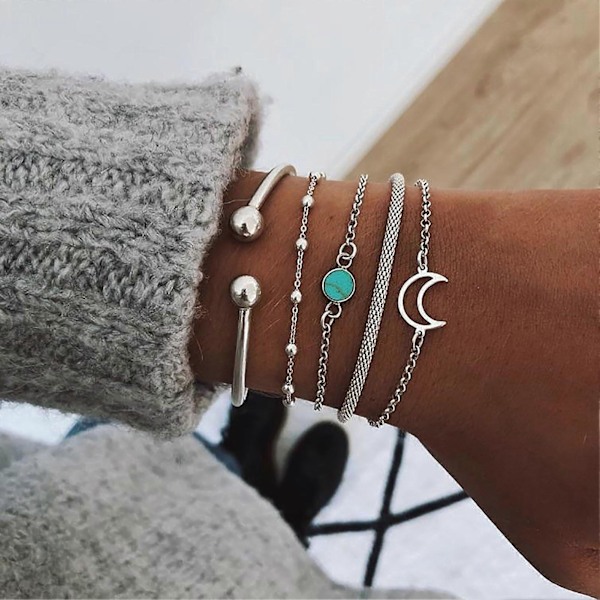 5 st/set Damarmband Set Multi Shapes Moon Chain Alloy Lady Armband Set för gåva