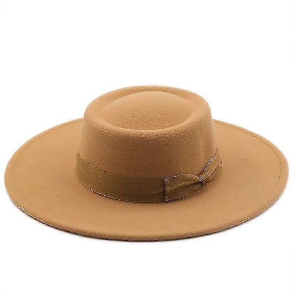 Hattuja miehille ja naisille, villahuopainen bowler-hattu rusetilla, litteä yläosa, leveä lieri, kevyt, retro, klassinen Camel color
