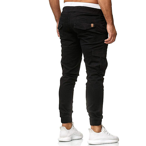 Män Drawstring Cargo Combat Byxor Casual Arbets Sport Slim Fit Multifickor Jogging Manschetter Byxor Black M