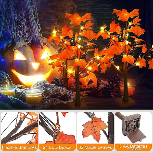 2-pack 60 cm Halloween-dekorationer Höst Lönnlöv Trädbilder med 24 varma vita lysdioder Batteridrivna bordsskiva Ekollon Globe Höst konstgjorda höstträd