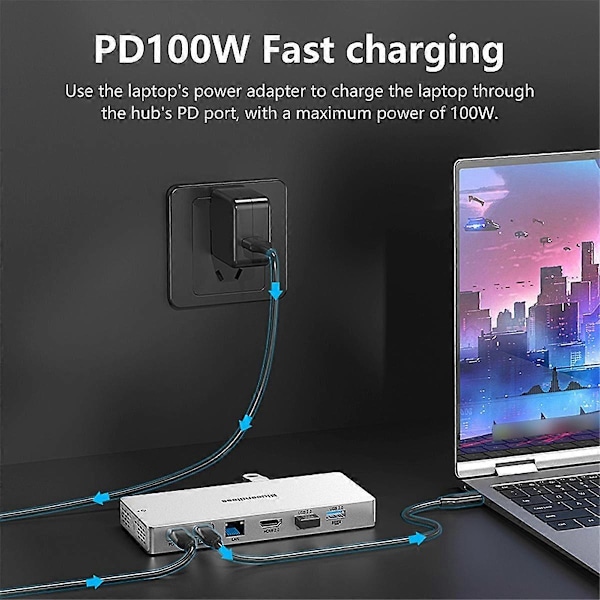 14-in-1 telakointiasema, monitoiminen 4K 60Hz HD-resoluutio, USB 3.2 -siirto 10 Gbps telakointiasema