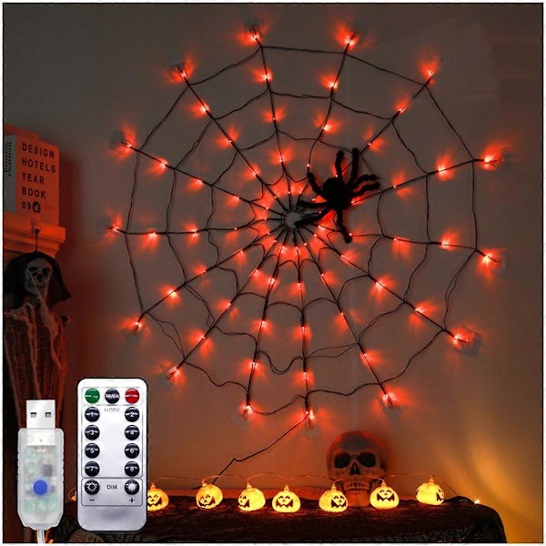 Halloween Edderkoppnett Lys USB 8 Moduser Edderkoppnett Vegglamper for Skummel Halloween Dekor Girlander, C