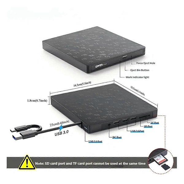 Ulkoinen CD/DVD-asema poltin DVD-asema soitin optinen asema SD/TF- ja USB3.0-paikoilla optinen asema PC-kannettavalle