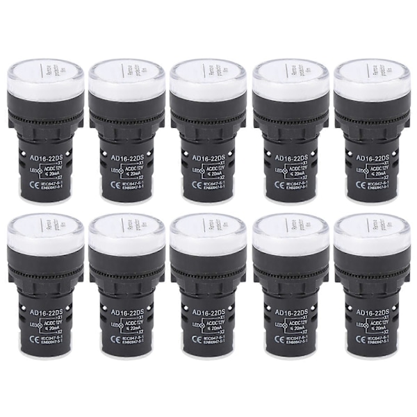 10 stk. AD16?22DS LED Signallampe Hvid Høj Lysstyrke Indikator Udstyr Tilbehør AC/DC12V