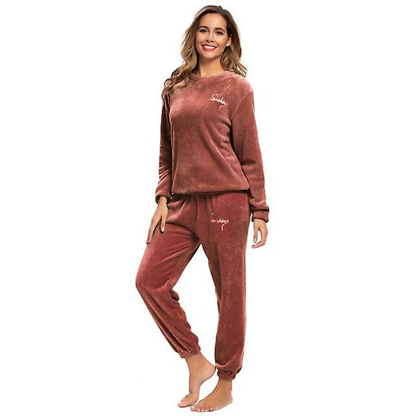 Varma vinterpyjamasar plus fleecetröja och byxor, mjuk pyjamas med rund hals Khaki M