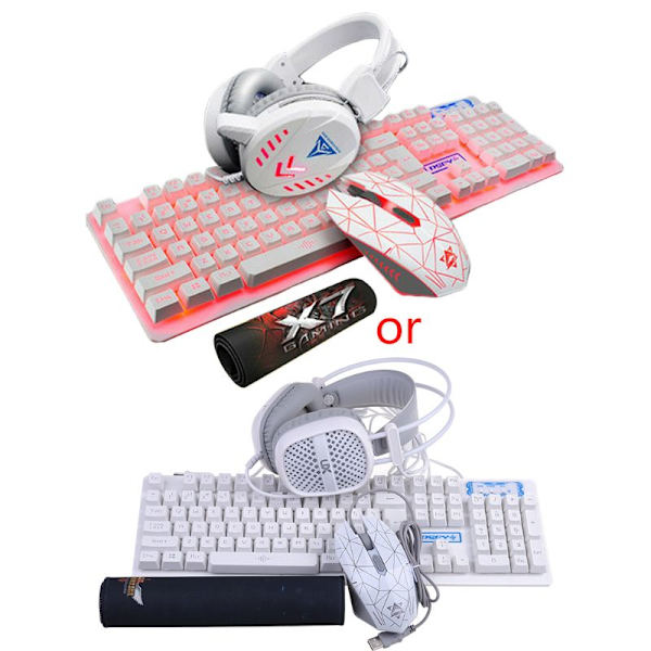 4st/set K59 Mekaniskt Trådbundet USB-Tangentbord Belyst Gamingmus Musmatta Headset Skrivbord Bakgrundsbelysning Kit White
