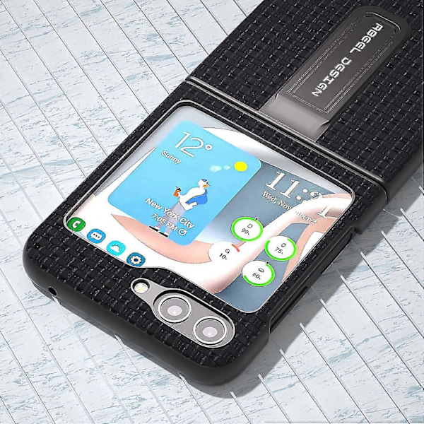 Luksuriøst tekstureret cover med støttefod i ægte okselæder + PC-telefoncover til Samsung Galaxy Z Flip5 5G Black