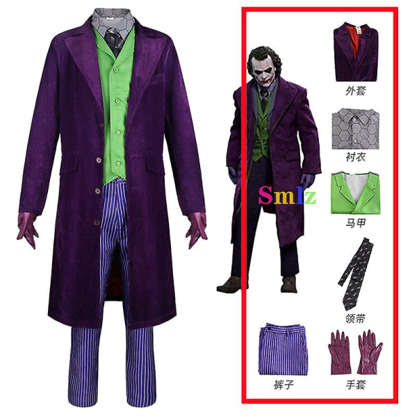 Movie Knight Joker Costume Heath Ledger Cosplay Kostym Halloween Clown Uniform Lila Jacka Trench Väst Byxor Fulla set XXL