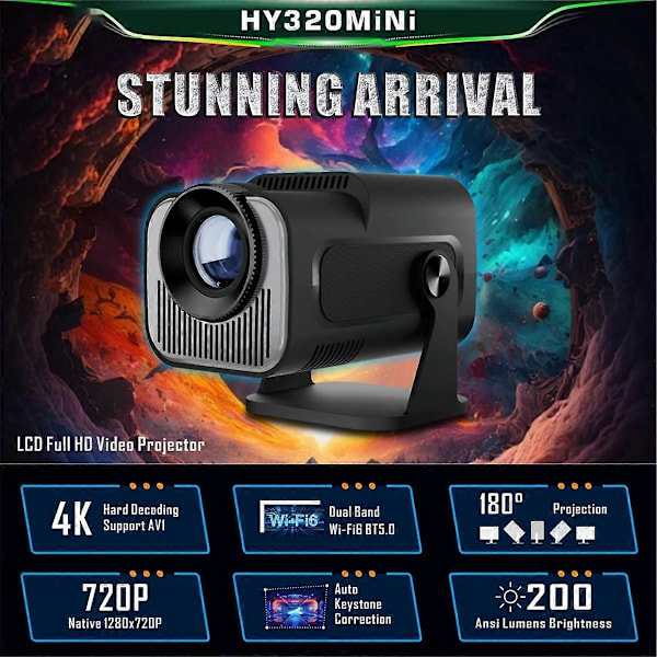 HY320 Mini Native 720P Android 11 Projektori 200ANSI Wifi6 BT5.0 Elokuva Ulkokäyttöön Kannettava 180 Kääntyvä Projektori, AU Pistoke