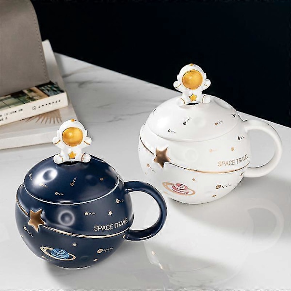 Astronaut Kopp Rymd Präglad Planet Mugg, Söt Keramisk Kaffemugg, Nyhet Mugg med Lock och Sked för Kaffe, Te, Mjölk, Rumsdekor White