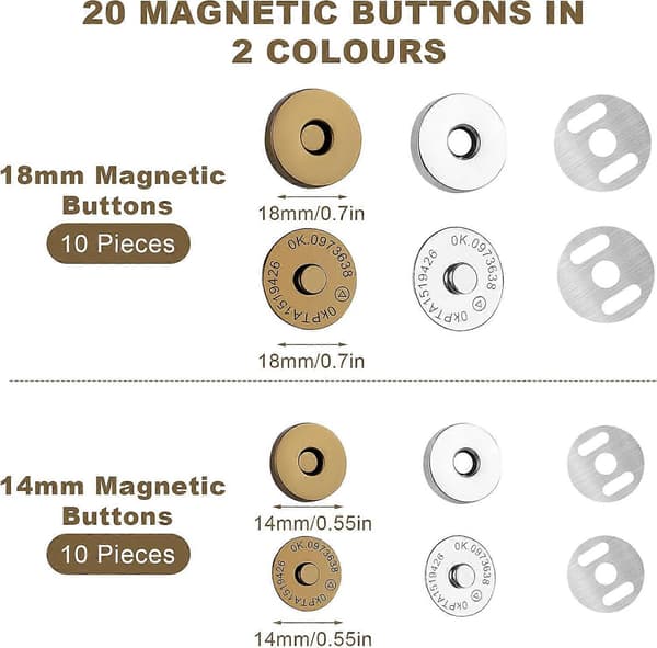 20 st Magnetiska tryckknappar, Magnetknappar, Magnetlås i metall, Cirkulära tryckknappar, För sömnad, (14 mm och 18 mm)
