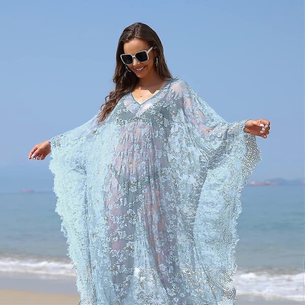Strandklänning Boho Spets Kimono Plus Size Bikini Morgonrock Baddräkt för Kvinnor Enfärgad Mint Blue