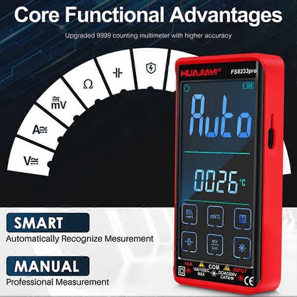 FS8233PRO Pekskärm Smart Digital Multimeter DC/AC 10A Multimetro Transistor 9999 Räknar True Rmsauto Range Svart