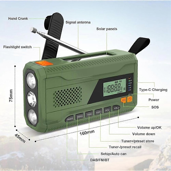 Mini Handvev Bluetooth Radio +//FM Radio 4500 MAh Soldriven Nödradio med LED-ficklampa, SOS-larm