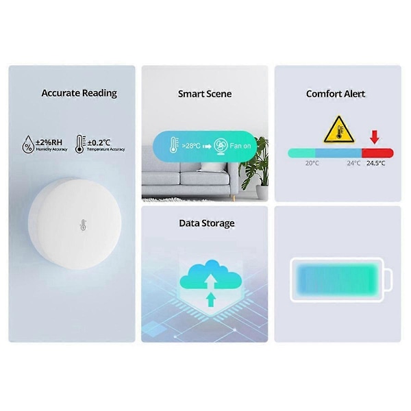Zigbee Temperatur- och Luftfuktighetssensor Smart Hem Termometer, Detektor Högprecisionsmonitor för Alexa Home