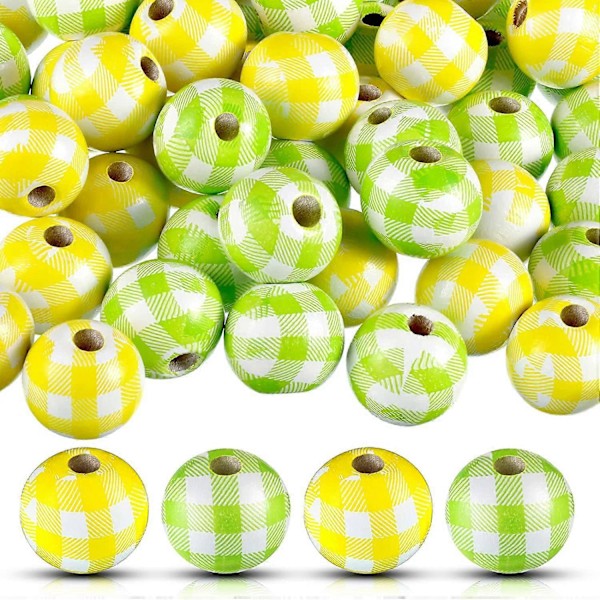 100 Stycken Träpärlor Tryckta Träpärlor Runda Pärlor Polerade Distanspärlor (Gul-Vit, Grön-Vit)