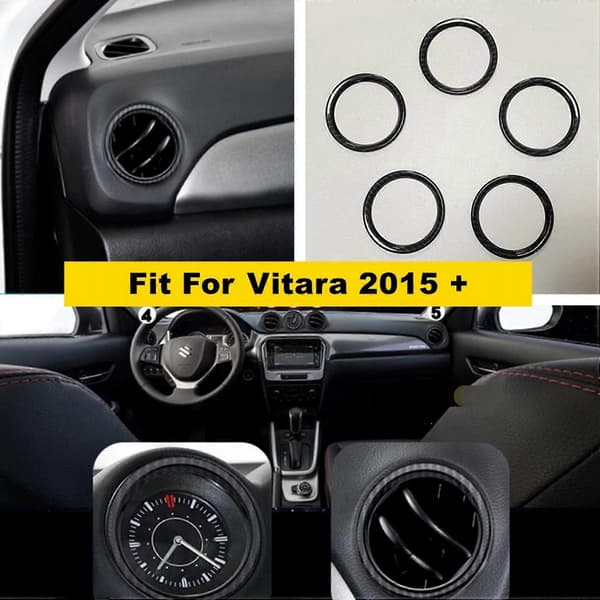 5 st Instrumentbräda Luftkonditionering Utloppsventil Ring Skydd Trim ABS Kolfiber Interiör Kit för Vitara 2015-2020